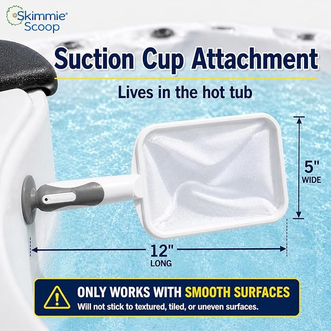 The Skimmie Scoop - Patented Handheld Skimmer with Fine Mesh Net for Spa, Hot Tub, Cold Plunge and Small Pool Cleaning - Lightweight and Durable with Powerful Suction Cup - Clean Out Filter (White)