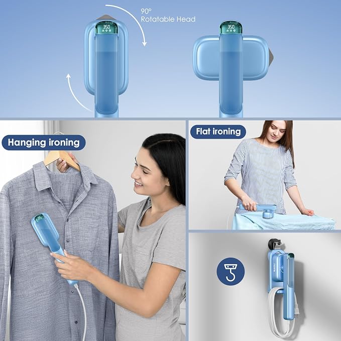 FEPPO Travel Steamer for Clothes, 110-240V Dual Voltage Portable Steamer & Iron 2 in 1, Fast Heat Up, 1100W Powerful Garment Steamer, Large Ceramic Heat Panel for Home & Global Traveling