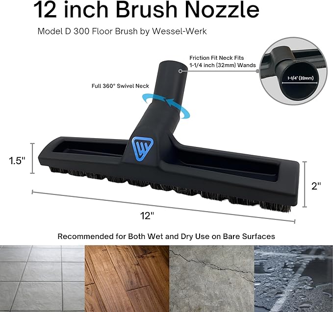 Wessel-Werk Deluxe Vacuum Floor Brush, Multi-Surface Vacuum Brush Attachment with 360° Swivel Neck, Soft Rubber Wheels, and Horse Hair Bristles Brush Nozzle (D 320-13 inch Brush, 1-1/4" (32mm) Neck)