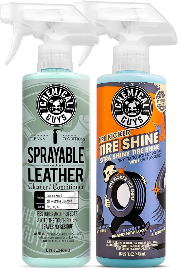 Chemical Guys SPI_103_16 Sprayable Leather Cleaner and Conditioner in One for Car Interiors, Apparel, Leather Scent, 16 fl oz & TVD11316 Tire Kicker Sprayable Extra Glossy Tire Shine, 16 fl oz