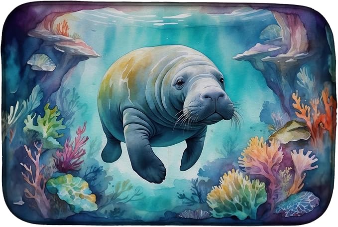 Caroline's Treasures Manatee in a Dreamscape Dish Drying Mat Absorbent Dish Drying Mat Pad for Kitchen Counter Dish Drainer Mat for Countertop, 14 x 21", Multicolor