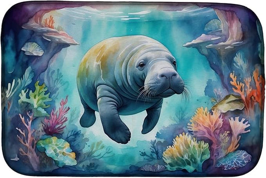 Caroline's Treasures Manatee in a Dreamscape Dish Drying Mat Absorbent Dish Drying Mat Pad for Kitchen Counter Dish Drainer Mat for Countertop, 14 x 21", Multicolor