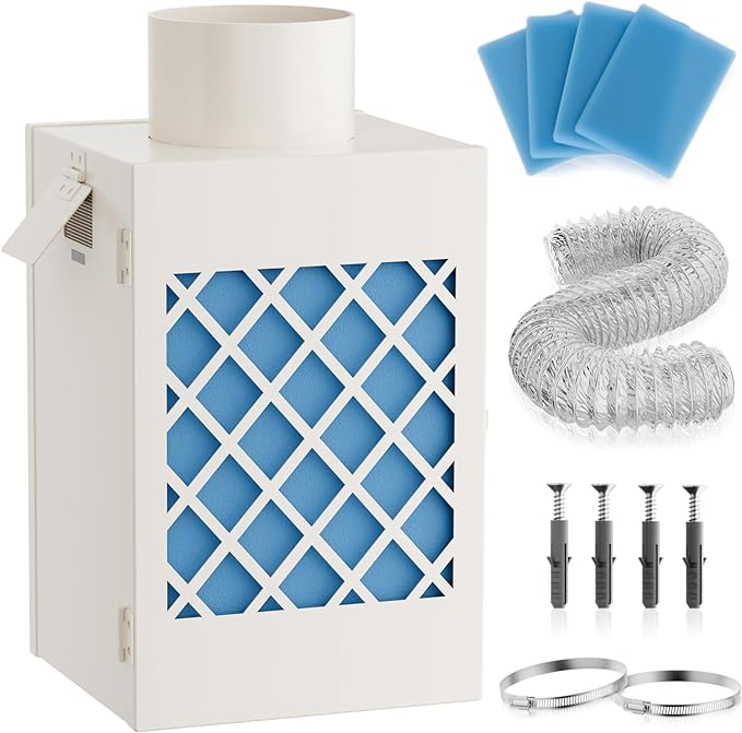 Indoor Dryer Vent Kit, HG Power Metal Dryer Vent Box, Safety Vent Flap, Dryer Lint Trap, Indoor Dryer Vent for Electric Dryer, Space Saver Dryer Vent Kit with Polyester Filters, Dryer Vent Hose