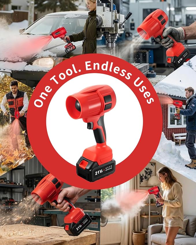 Power Leaf Blower 21V Cordless Lightweight Handheld Electric Turbo Jet 2x4Ah Batteries Fast Charger 1000,000 RPM High Speed with Ergonomic Handle for Yard Cleaning Lawn Maintenance Blowing Leave (Red)