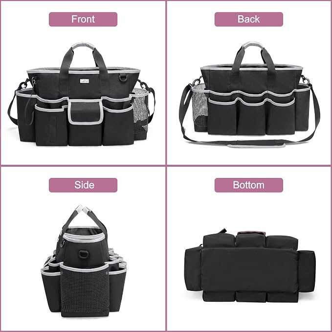 LoDrid Cleaning Caddy Bag with Handle and Shoulder Strap, Cleaning Supplies Organizer for Cleaning Work with 3 Compartments and Multifunctional Pockets, Black with Gray Edge