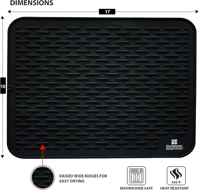 Silicone Dish Drying Mat - 17 x 15, Large Counter Top Draining Sink Mat, Trivet (LARGE, BLACK)