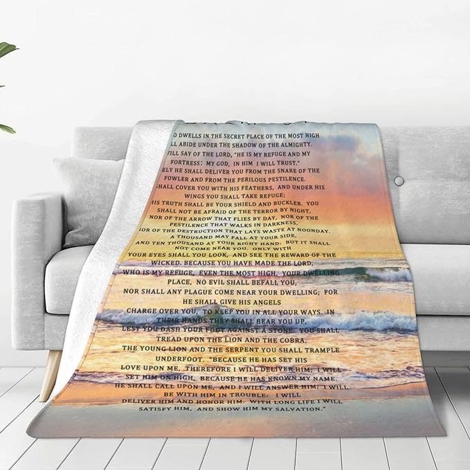 Psalm 91 Blanket Christian Gifts Religious Bible Verse Scripture Throw Blanket Comfy Plush Flannel Fleece Warm Soft Fluffy Fuzzy Blanket for Prayer Women Teens for Bed Sofa Couch 60"X80"