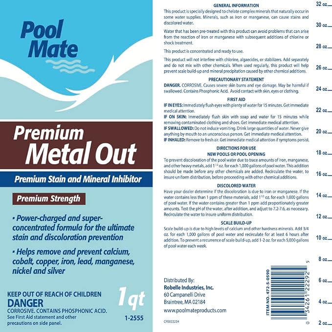 Pool Mate 1-Quart 12-Pack Premium Metal Out Stain and Mineral Inhibitor, Pool Metal Remover, Stain Remover, Made in USA