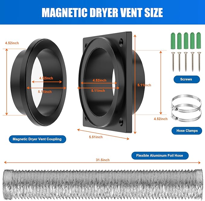 Magnetic Dryer Vent, Airtight Seal Magnetic Dryer Vent Connector Kit Strong Magnet Dryer Vent Quick Connect Disconnect Easy to Clean Flexible Hose 4" Exhaust Duct Adapter Attachment with Clamp Screw