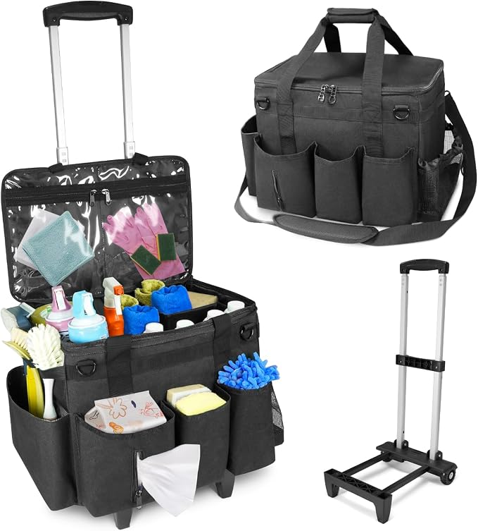 28.5L Large Cleaning Organizer Caddy with Wheels,Cleaning Bags with Detachable Trolley,Cleaning Supplies Bag Built-in Hard Support Board,Waterproof,Multiple Storage Pockets for Housekeepers