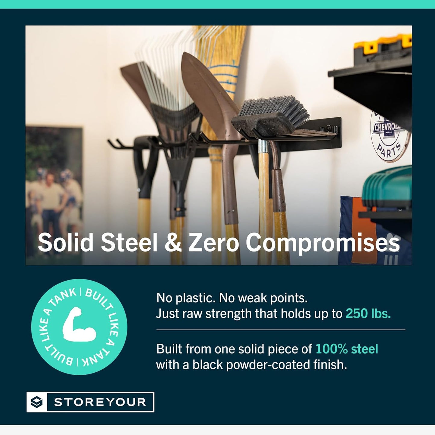 StoreYourBoard Wall-Mounted Rack With 4 Garage Hooks – Heavy-Duty Steel Holder Garage & Garden Storage for Shed, Workshop, or Home Organization – For Rakes, Shovels, Tools & More – 1 Pack, Black