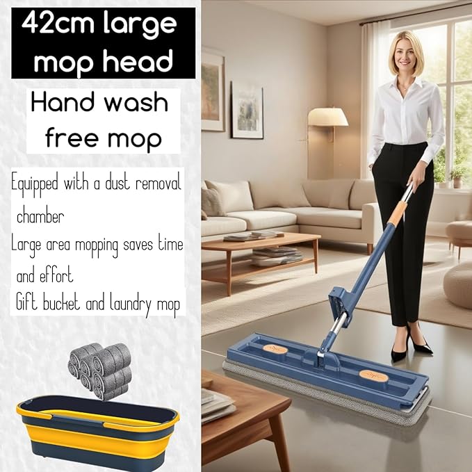2025 New Large Flat Mop and Bucket Set, 360 Rotation Flat Mop with Self-Wringing Bucket, Includes 7 Reusable Microfiber Pads for Tile, Hardwood, Laminate Floors Wet and Dry (Blue)