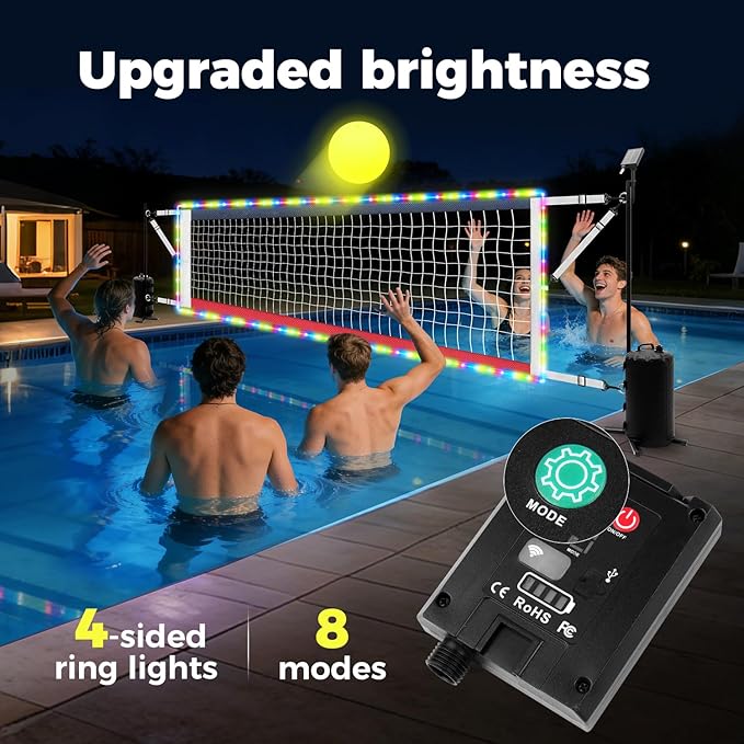 Pool Volleyball Net Set with Solar LED Lights, Adjustable 15-32ft Water Volleyball Net for Inground Pools with Glow Ball, Pump & Weighted Bases, Outdoor Pool Games for Kids Adults Family