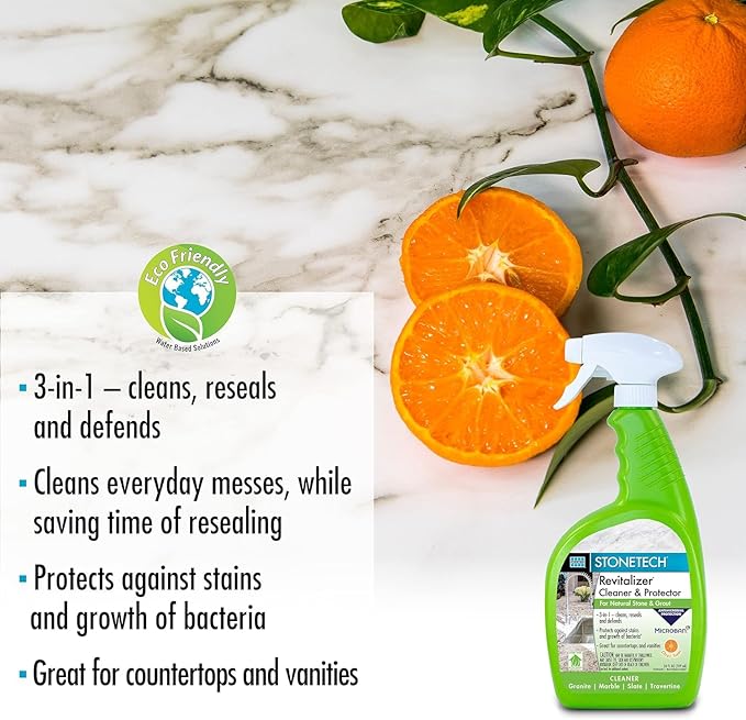 Stone Surface Cleaner Spray for Stonetech Revitalizer Cleaner and Protector - 3‑in‑1 Daily Stone & Grout Cleaner - Reseals & Refreshes Natural Stone Countertops, Floors & Tiles (Citrus, 24 oz)