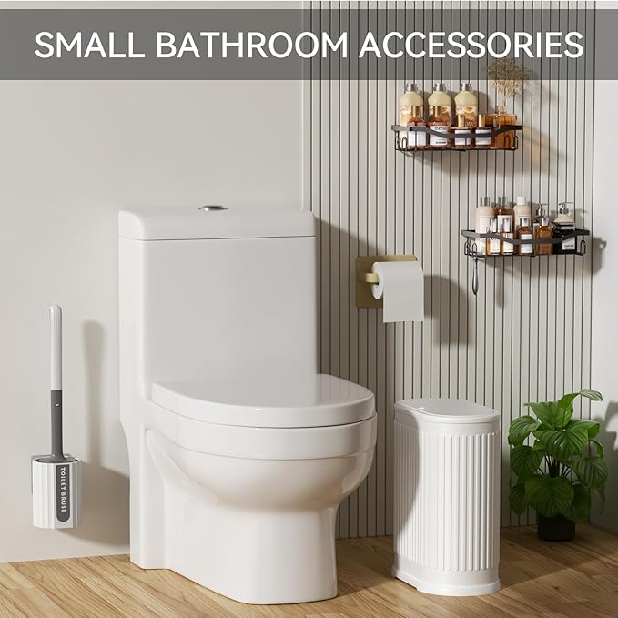 Small Bathroom Trash Can with Toilet Brush, 1.6 Gallon Black Stainless Steel Garbage Can with Lid,Slim Wastebasket with Shower Caddy for Bathroom Bedroom