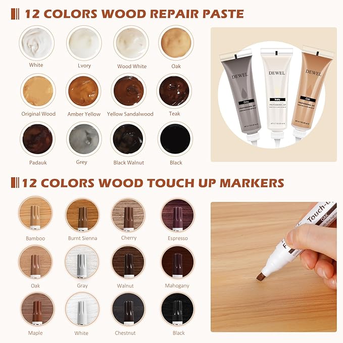 DEWEL Wood Furniture Repair Kit 40 Pcs, 12 Colors Wood Filler and Touch Up Markers, Wooden Putty and Polish Wax, Repair Scratch, Cracks, Hole, Stains for Hardwood Floor, Table, Laminate, Cabinet