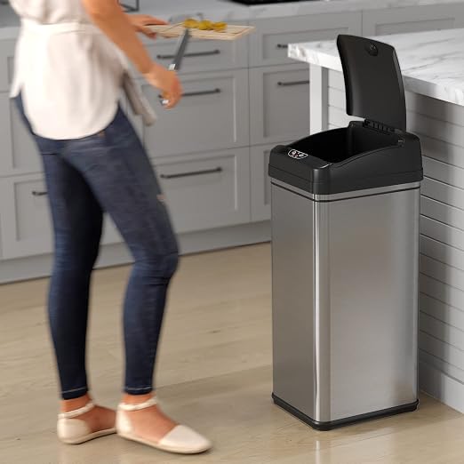 iTouchless 13 Gallon Sensor Trash Can with Deodorizer (2-Pack), Stainless Steel, Big Lid Opening (Base Version - No AC Adapter)