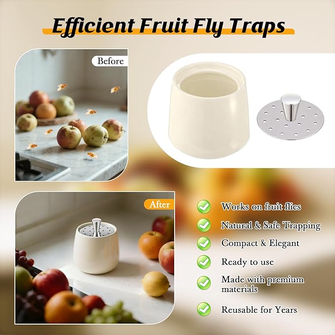 Ceramic Fruit Fly Trap for Indoors, Reusable Kitchen Fly Catcher with Stainless Steel Vent Lid, Uses Safe & Natural Vinegar Bait Trap, Dishwasher Safe, Easy to Use (White,1 Pack)