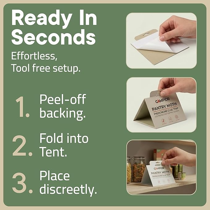 Pantry Moth Traps with Pheromones (12 Pack) – Non‑Toxic, Odor‑Free Sticky Glue Traps for Pantry Moth Treatment & Prevention, Targets Web‑Spinning Food Moths, for Kitchens & Food Storage