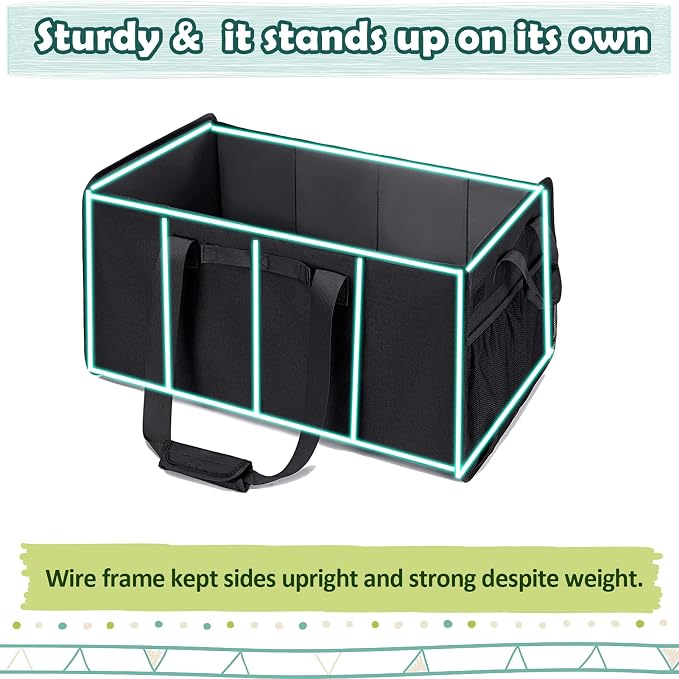Extra Large Utility Tote Bag with Wire Frame Collapsible Reusable Grocery Bags Heavy Duty Shopping Bags for Groceries with Handles Trunk Organizer for Beach Travel Picnics Camping Laundry
