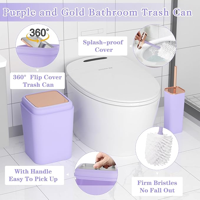 XLHOMO 9-Piece Bathroom Accessories Set, Purple Bathroom Accessories Sets Complete with Trash Can,Tray,Soap Dispenser,Toothbrush Holder,Toothbrush Cup,Soap Dish,Toilet Brush and Q-tip Holders