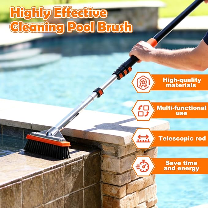 LAANPOLE 4-in-1 Pool Brush with Pole, Heavy Duty 18" Pool Brush Head, 5" Stainless Steel Brush and Hand-Held Pool Scrub Brush for Inground & Above Ground Pools, Pool Scrubber Brush with 12FT Pole