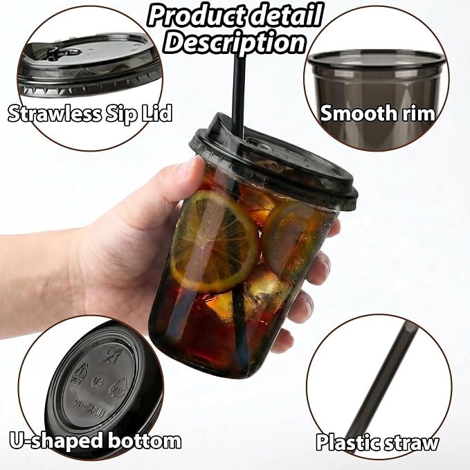 16oz Disposable Stemless Glasses With Strawless Sip Lids and Straws,PET Disposable Drinking Cups,Clear Plastic Wine Glasses for Parties Birthday,Wedding,Meeting,Party Supplies. (50, Black)