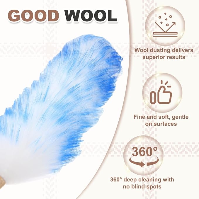 uxcell Wool Duster, 24.4" Natural Feather Cleaner Household Cleaning Duster with Solid Wooden Handle for Cleaning Fans Window Blinds Shelves Furniture, White Blue
