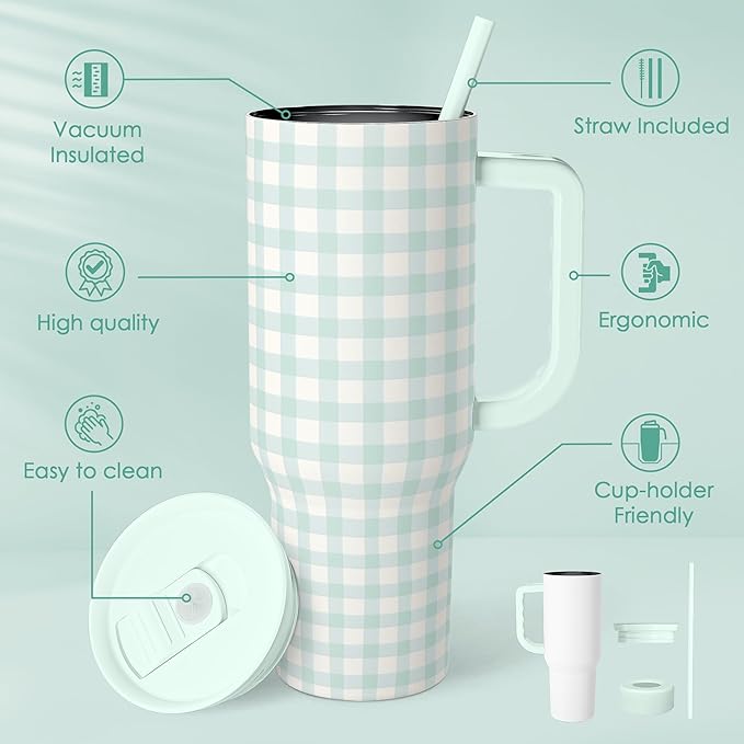 SANDJEST Mint Gingham 40oz Slider Tumbler with Handle and Straw - Insulated Stainless Steel Travel Coffee Mug for Women Girls, Gift for Birthday, Christmas