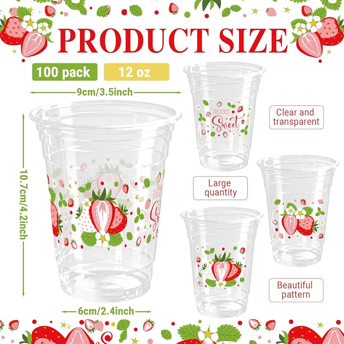 100 Pcs Strawberry Plastic Cups 12 oz Red and White Strawberry Disposable Clear Fruit Cold Beverage Cups for Birthday Baby Shower Summer Party Supplies Favors