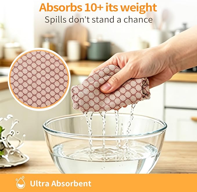 Microfiber Cleaning Cloth Roll, 50-Count, Reusable, Durable, Absorbent, Lint-Free Non-Scratch Towels, Dish Rags for Kitchen, Home, Window & Screens, Paper Towel Alternative, Brown Dot, 12x12 in
