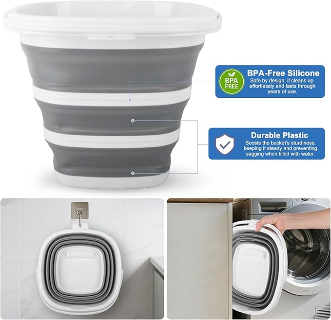 10L Collapsible Bucket for Cleaning, Portable Ice Bucket Water Pail for Space Saving, Cleaning Supplies Organizer Plastic Bucket for Storage