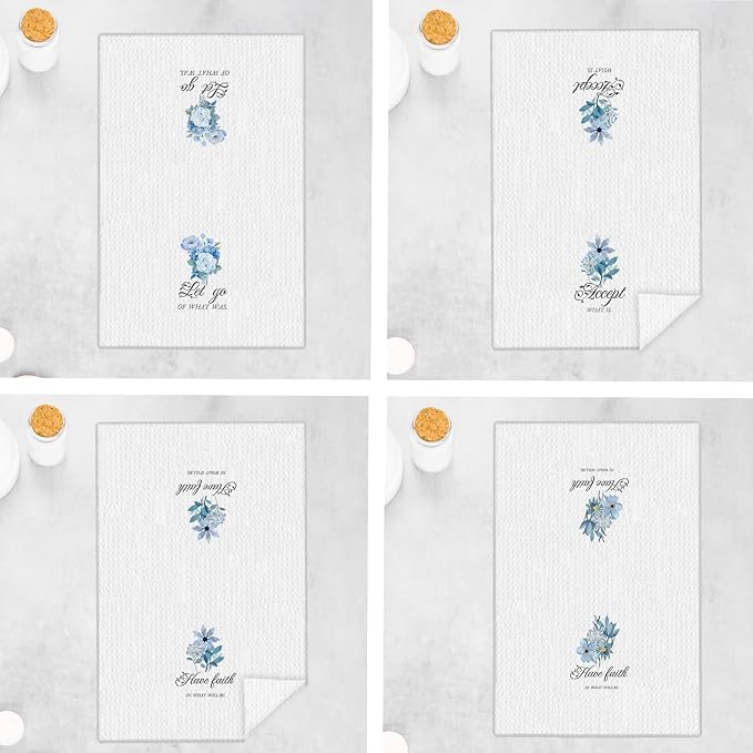 Blue Floral Christian Kitchen Towels, Inspirational Bible Verses Hand Towels for Bathroom Decor, Faith Based Gifts Dish Tea Towels for Kitchen Decor, 16x24 Inch Set of 4