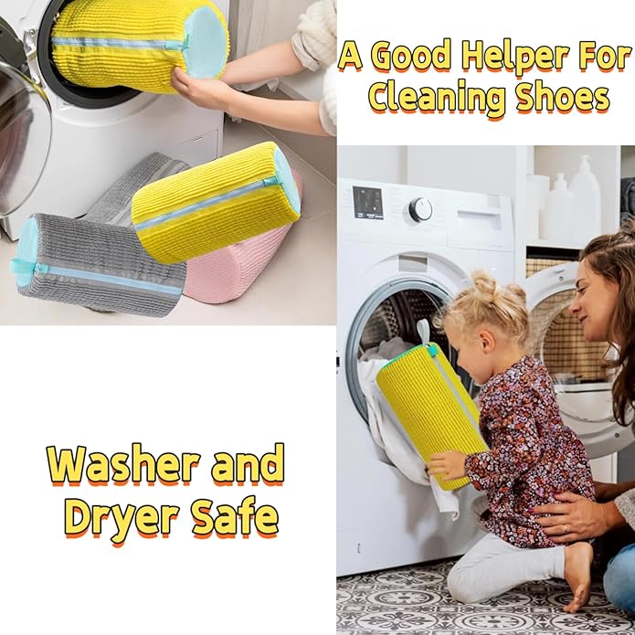 4PCS Shoes Laundry Bag for Shoes 2024 Upgrade Sneaker Washing Machine Bag Shoe Washing Machine Bag, Reusable and Durable Zipper Shoe Washing Bag for All Shoe Types And Sizes(Yellow&Grey)