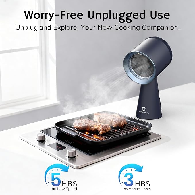 AIRTHEREAL Portable Range Hood with Rechargeable Battery Powered, 3-Speed Suction, Desktop Exhaust Fan for Kitchen, with Extra Grease Filter and Replacement Activated Carbon Filters RH180B Blue