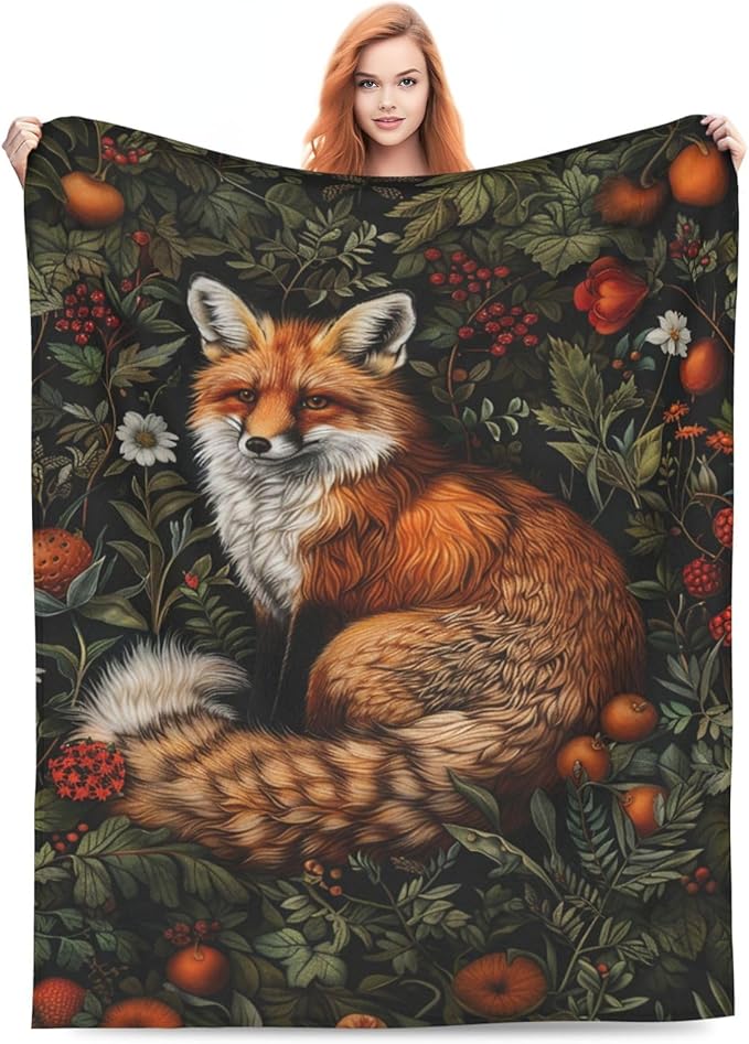 Fox Vintage Forest Throw Blanket - Comfy Plush Flannel Fleece Warm Soft Fuzzy Winter Decor - Fox Lover Gifts for Girls Boys Women Teens Adults - Bed Sofa Couch 60"X80"