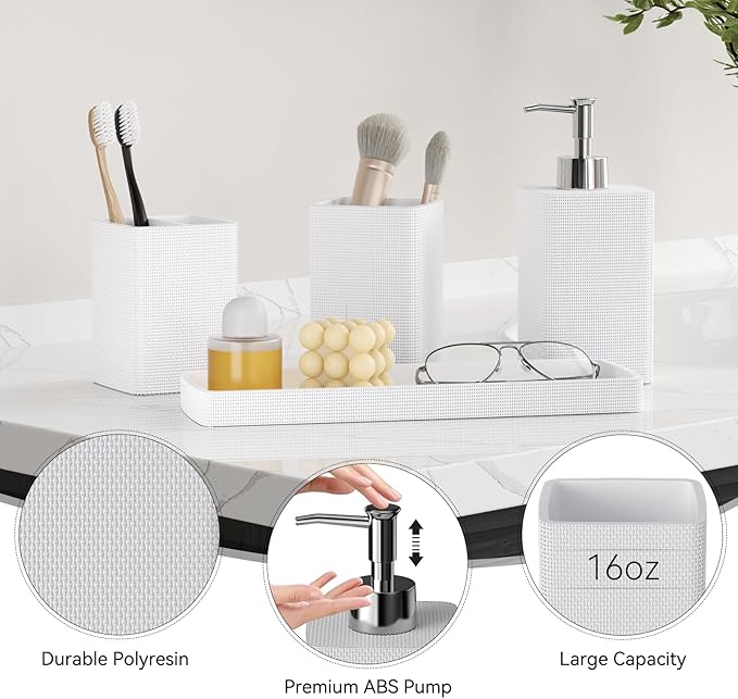 White Bathroom Set, White Bathroom Accessories Sets with Shower Curtain and No-Slip Bath Rugs, Natural Loofah Sponge, Soap Dispenser, Toothbrush Holder, Toothbrush Cup and Tray for Bathroom