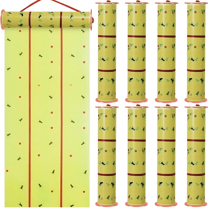 Qualirey 8 Rolls Giant Sticky Fly Traps 183 Feet Adhesive Fly Paper Fruit Traps Outdoor Indoor Strips Sticky Hanging Tapes Gnat Bug Catcher Pest Killer for Garage Greenhouse Barn Stable