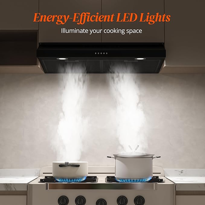 FIREGAS Black Range Hood 30 Inch Under Cabinet, Ducted/Ductless Convertible Kitchen Hood, 300 CFM, 3 Speed Exhaust Fan, Brushless DC Motor, Stove Hood Vents for Kitchen with LED Lights