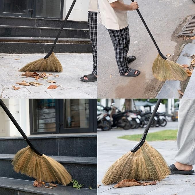 Vietnamese Straw Soft Broom - Indoor Grass Broom - Sweeping Hand with Black Long Handle Broomstick for House, Garage, Office, Lobby Room, Kitchen with 56.69 in Length