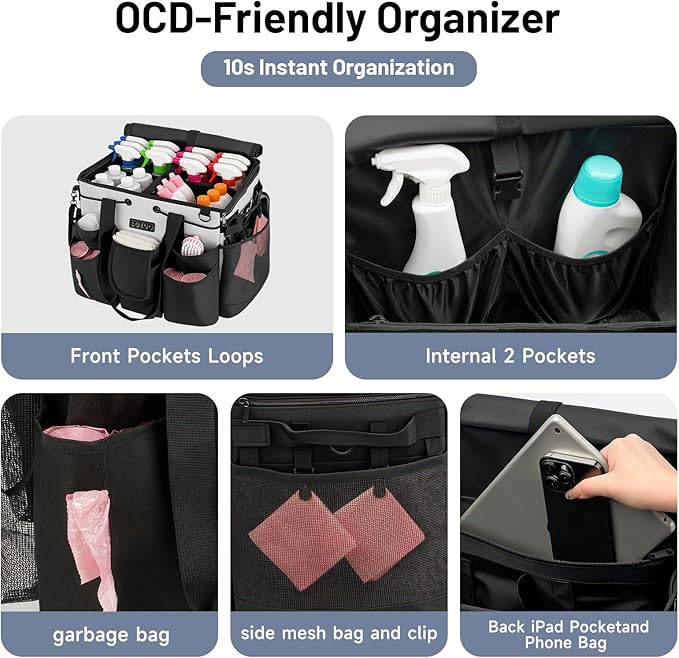LOEUO Large Cleaning Caddy for Cleaning Supplies Organizer, Rolling Cleaning Caddy Bags with Wheels for Housekeepers, Cleaning Carts on Wheels for Home Car Office Picnic