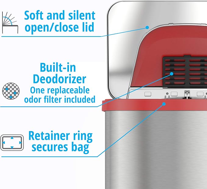 Halo TapCan 13 Gallon Effortless One-Tap Pedal Sensor Trash Can with Odor Filter and AC Adapter-Stainless Steel with Red Trim, Kitchen and Office Garbage Bin (TC13SRAC)