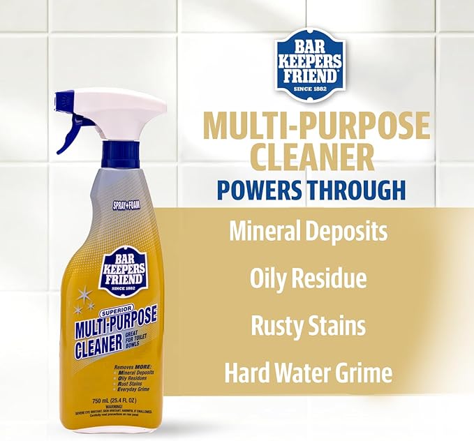 Bar Keepers Friend Spray + Foam Multipurpose Cleaner, 25.4 oz x 2, Surface Cleaner Removes Rust Stains, Mineral Deposits, Soap Scum, Grime & Tarnish