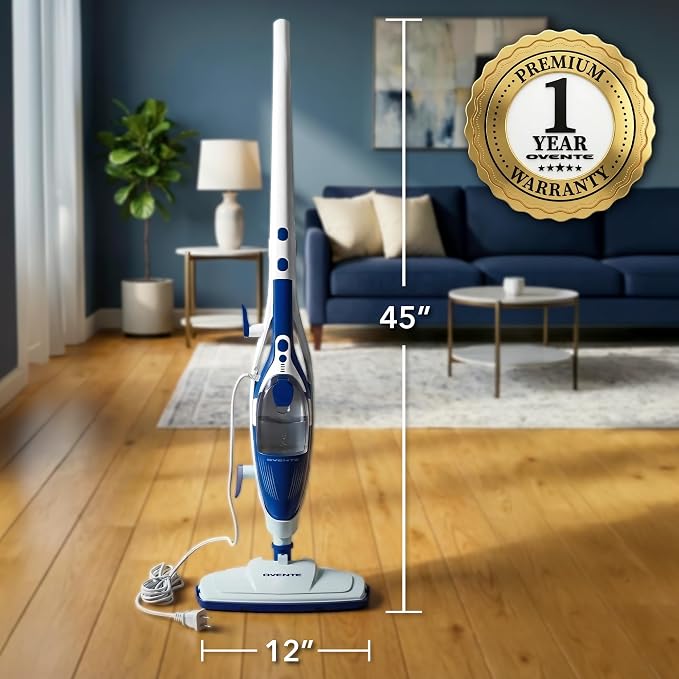 OVENTE 10-in-1 Steam Mop with Detachable Handheld Steamer, Foldable Handle and 400ml Removable Water Tank, MultiPurpose Home Cleaner for Tile Grout, Hardwood Floors, Carpet and Furniture, Blue ST505BL