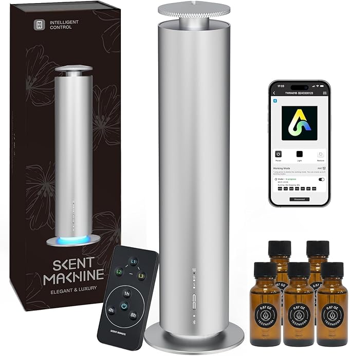 Somniare Waterless Essential Oil Diffuser, 1500 Sq. Ft Coverage Quiet Scent Diffusers for Homes, Hotels, Spas, Adjustable Mist, Included 5 Scent Oils(3.3OZ), Safe for Kids&Pets, Silver