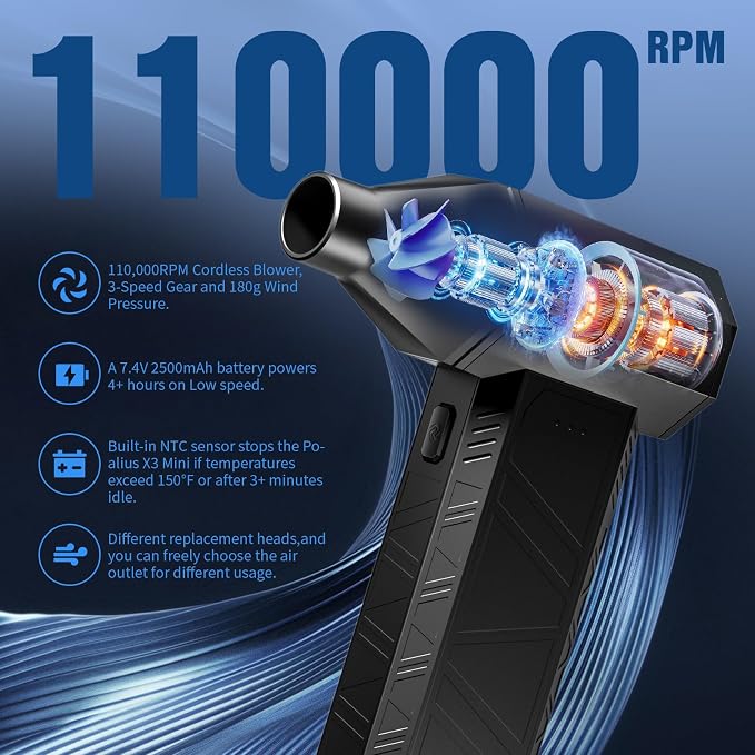 X3 Mini Electric Compressed Air Duster – 110,000RPM Powerful Turbo Jet Blower, 3-Gear Adjustable Computer Duster with Fast Charging and Overheat Protection,Dust Blower for Keyboard,Computer