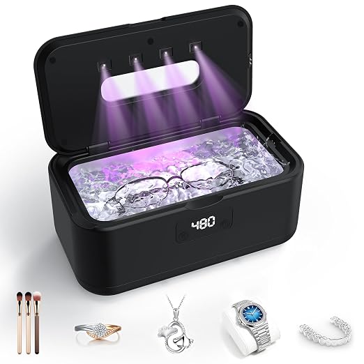 Ultrasonic Jewelry Cleaner, 50Khz Jewelry Cleaner Ultrasonic Machine for Jewelry, Eyeglasses, Rings, Watch Strap, Dentures, 24oz - 304 Stainless Steel Tank, Digital Timer, 5 Cleaning Modes