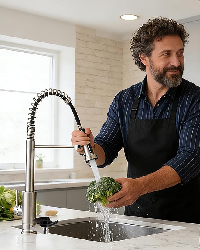 Kitchen Faucet with Cup Washer Pull Down Sprayer Stainless Steel Kitchen Sink Faucet with Deck Plate Glass Rinser Single Hole Brushed Nickel 866-3307SN