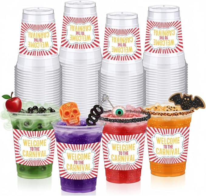 Bokon 100 Pcs Halloween Carnival Circus Party 12 oz Plastic Cups Disposable Cocktail Glasses Circus Theme Clear Disposable Cups for Welcome to Carnival Party Supplies for Coffee Juice Hot Cold Drinks