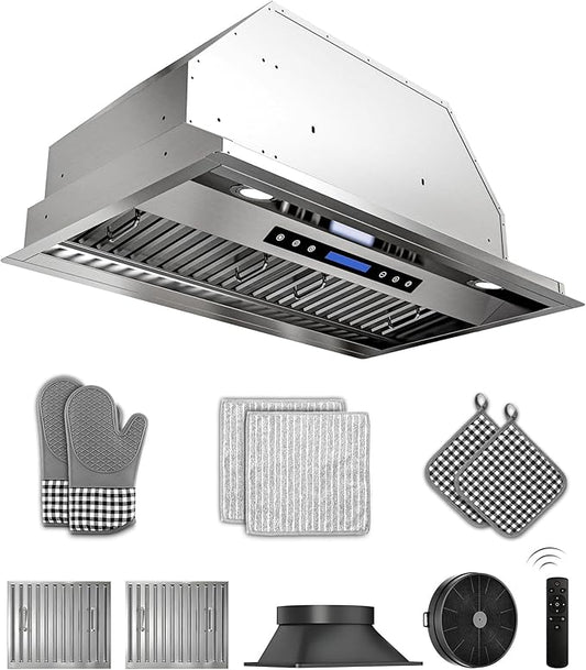 30 inch Stainless Steel Insert Range Hood - 900 CFM, Ultra-Quiet 4-Speed Vent, Touch/Remote Control, LED Lights, Ducted/Ductless Convertible